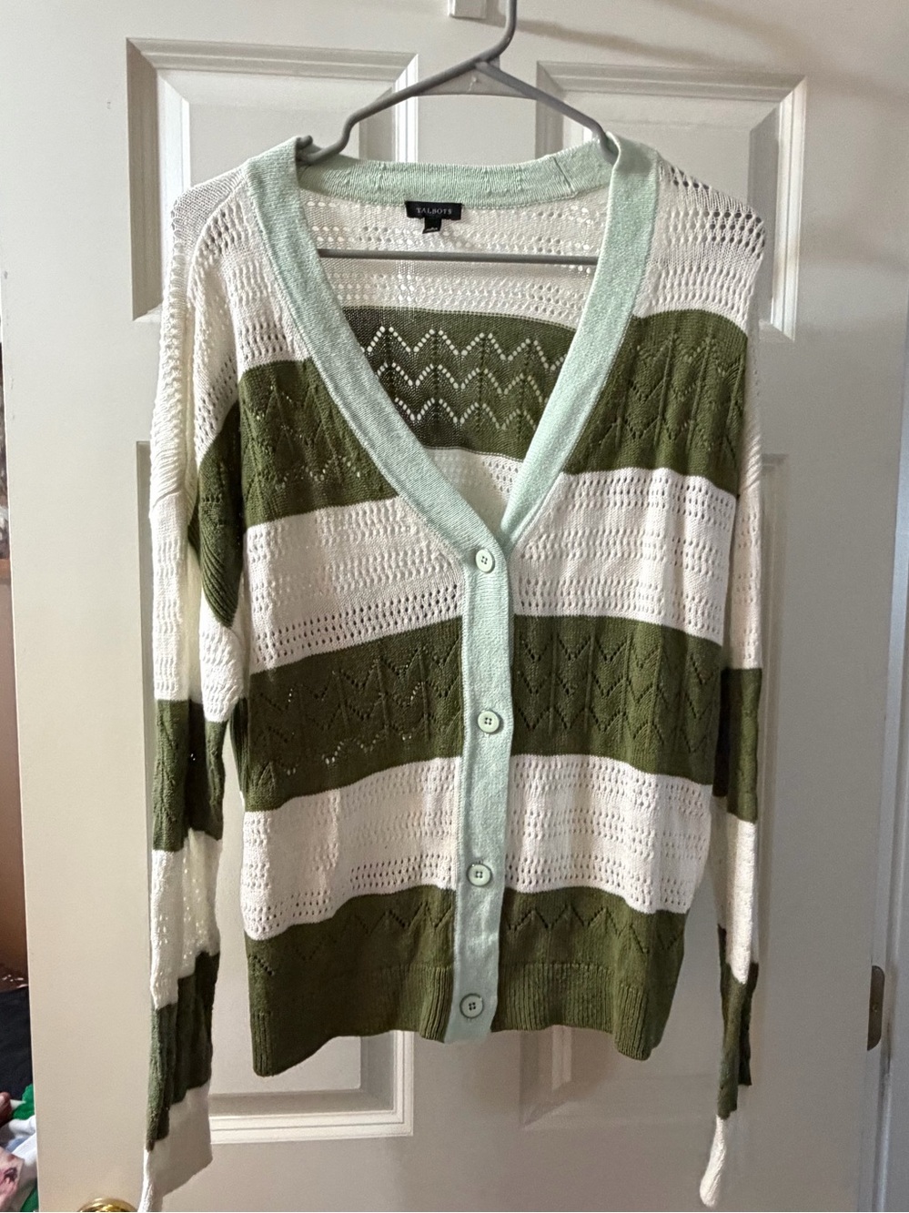 Talbots Olive & White Stripe Button-Front Cardigan